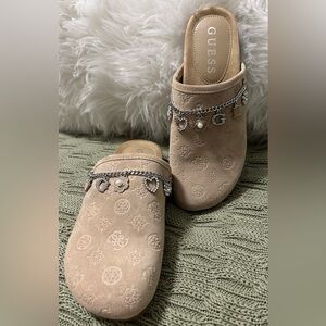 Guess Beige Suede Charm-Embellished Slip-On Mules